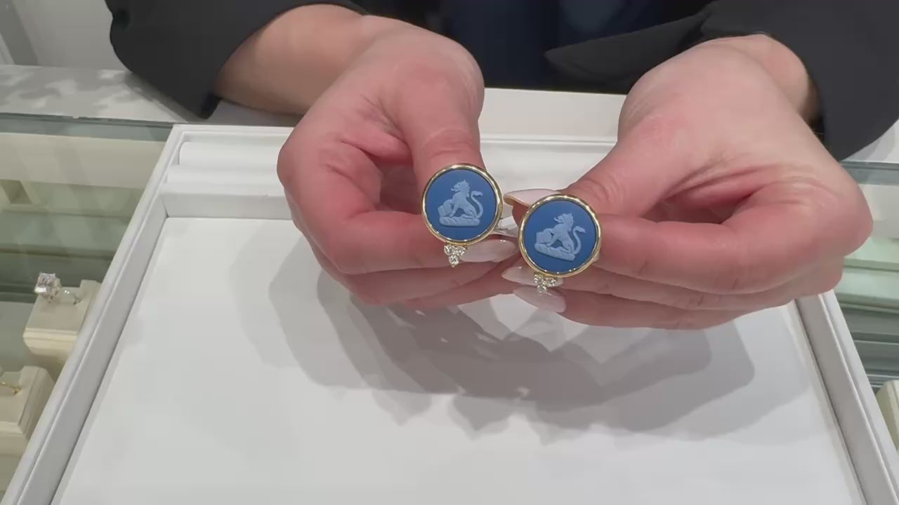 Load video: Lion Passant 14K Yellow Gold Medallion Earrings with Custom Bezel Set Blue Wedgwood Jasperware and Diamonds
