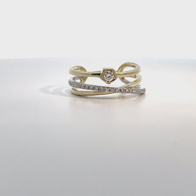 Zeghani ZR1702 Two Tone 14K Yellow & White Gold Three Row Woven Diamond Ring 0.24 Carats