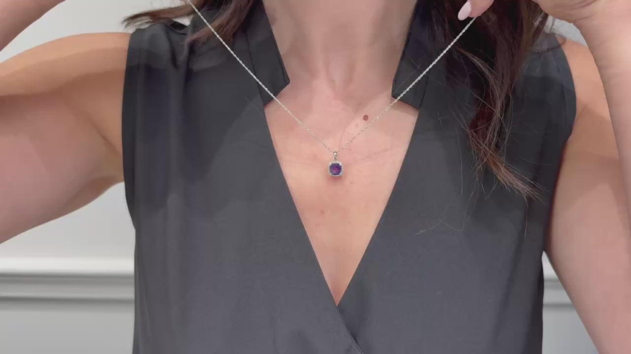 14K White Gold 1.44 Carat Amethyst and 0.08 Carat Diamond Pendant Necklace
