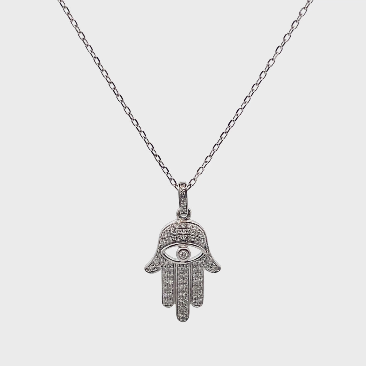 Hamsa Diamond Necklace 0.17 Carat with Evil Eye in 14K White Gold Freely Adjustable Length
