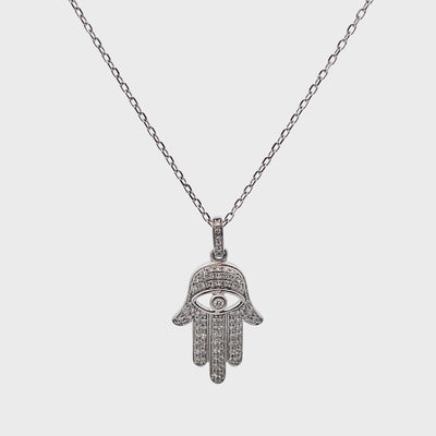 Hamsa Diamond Necklace 0.17 Carat with Evil Eye in 14K White Gold Freely Adjustable Length