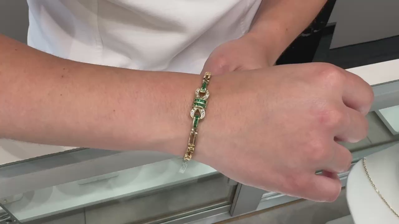 Vintage Emerald Geometric Buckle Diamond Bracelet Set in 14K Gold, Safety Clasp
