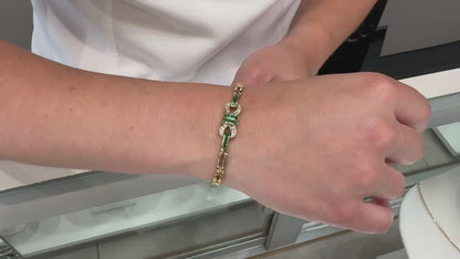 Vintage Emerald Geometric Buckle Diamond Bracelet Set in 14K Gold, Safety Clasp