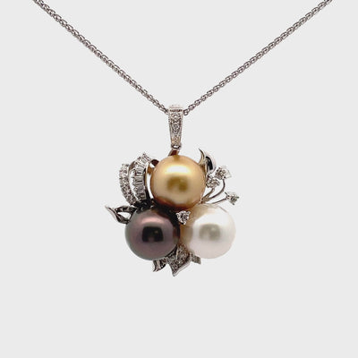 Tri Color Pearl and Diamond Pendant Necklace in 18K White Gold
