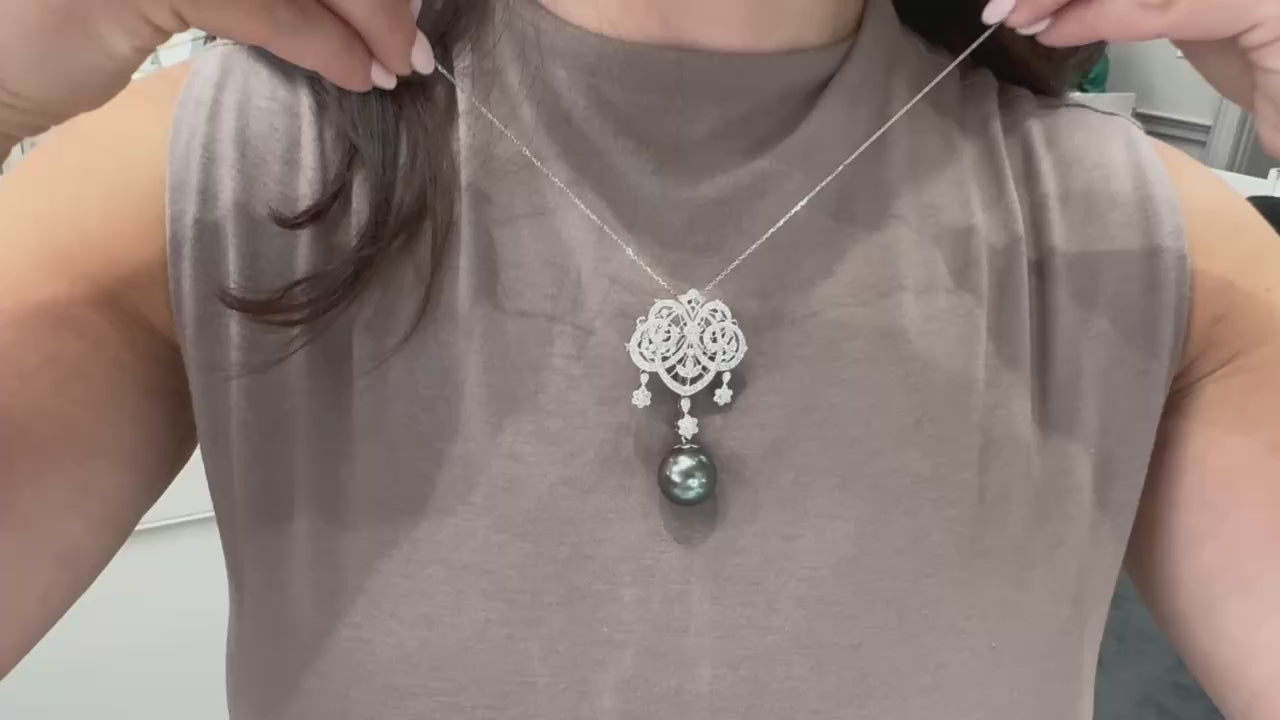 Load video: Antique Inspired Pendant Necklace, South Sea Tahitian Pearl in 18K White Gold
