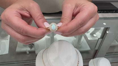 Oval Opal Ring in 14K Yellow Gold with Double Halo Diamond