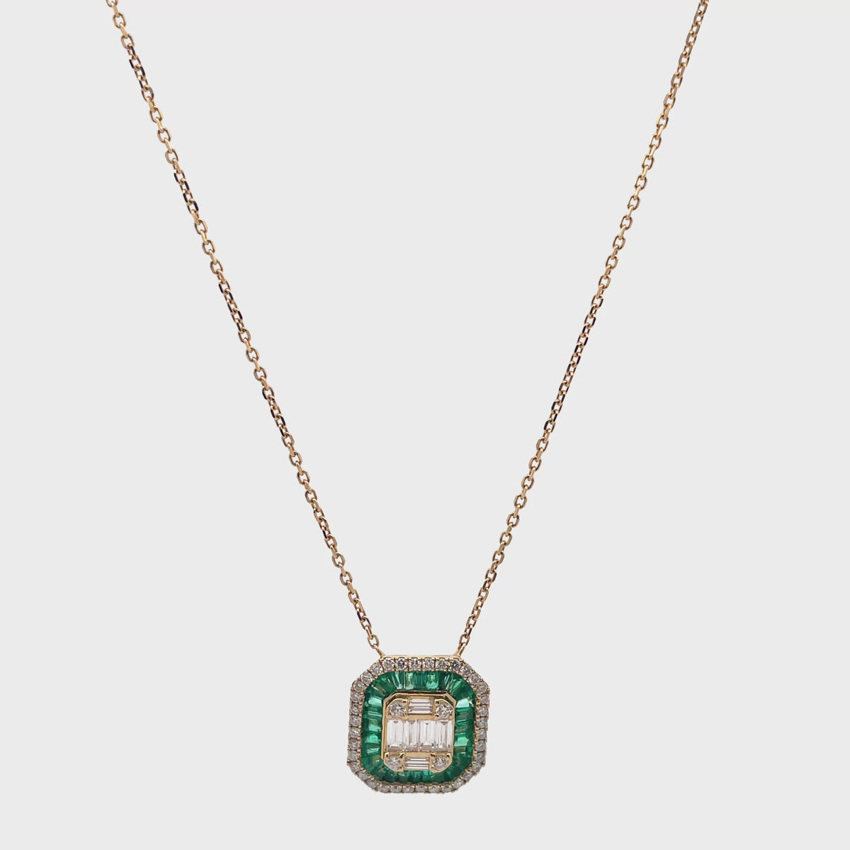 18K Yellow Gold Art Deco Style Pendant with Diamonds and Emeralds