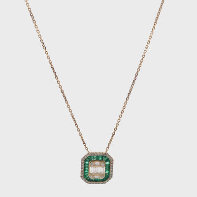 18K Yellow Gold Art Deco Style Pendant with Diamonds and Emeralds