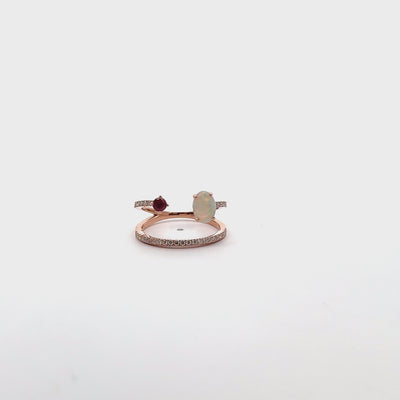 Oval Ruby and Opal Asymmetric Bypass Ring in 14K Rose Gold with Diamonds