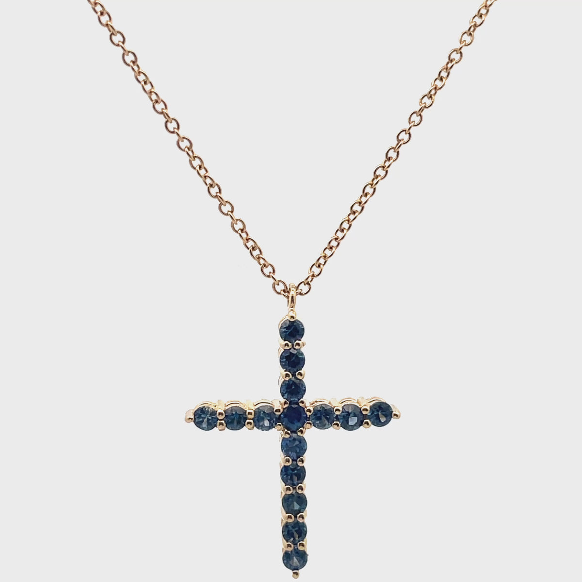 Load video: 18K Yellow Gold Reversible Blue Sapphire &amp; Diamond Cross Pendant Necklace