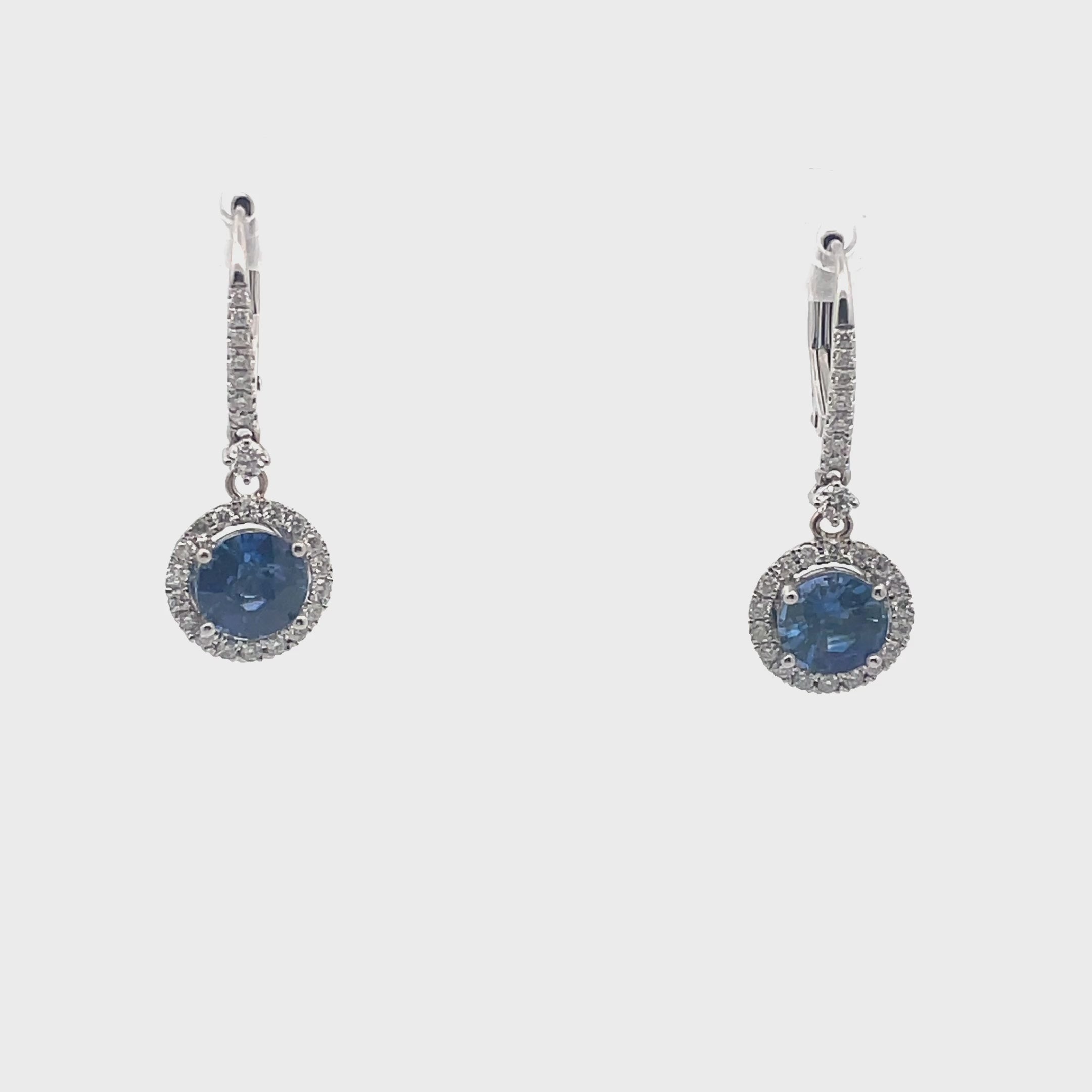 2.86 Ct Sapphire Round Drop Earrings in 14K White Gold with Halo Diamonds 0.55 Ct