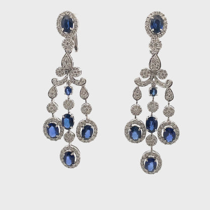 18K White Gold Blue Sapphire and Diamond Chandelier Earrings