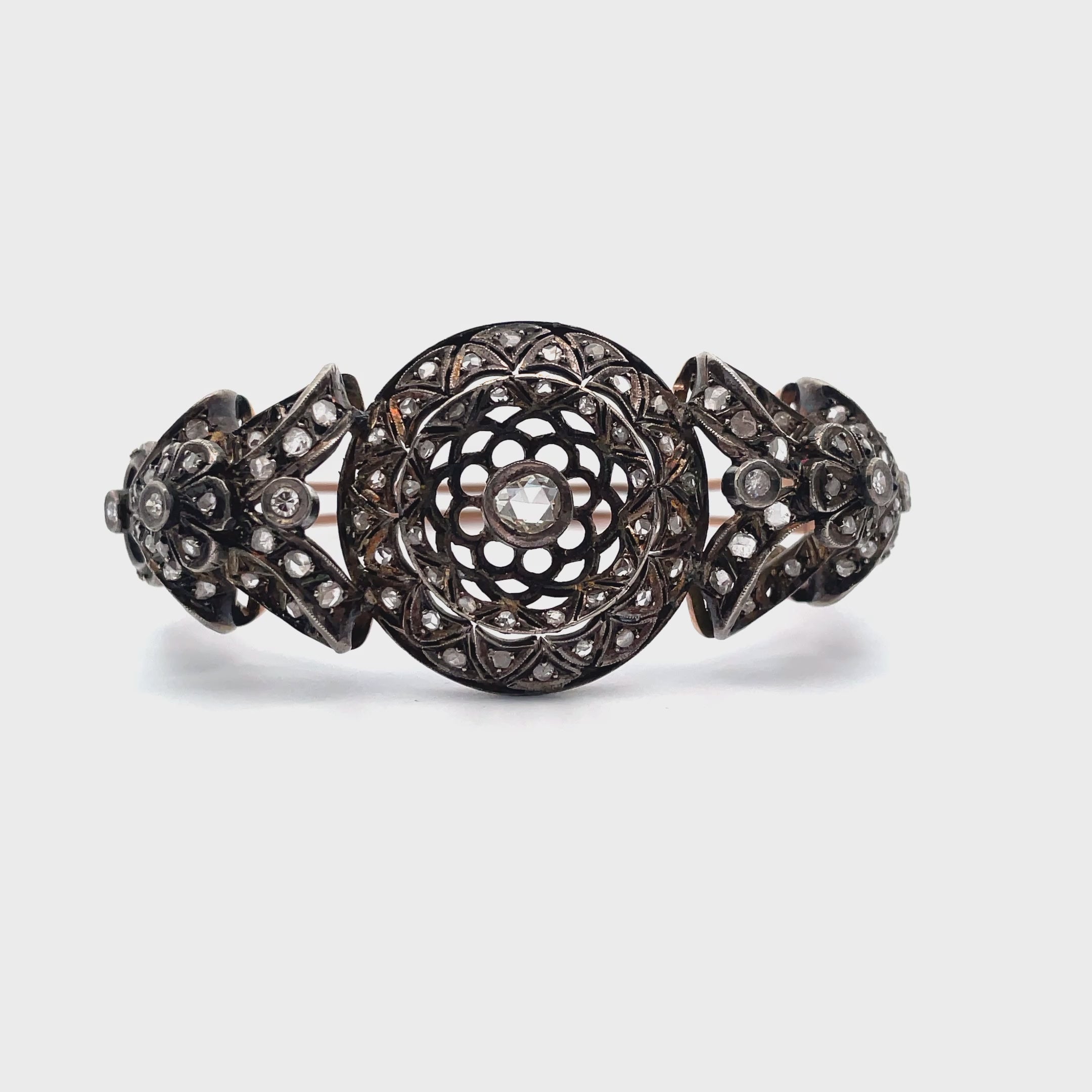 Vintage Hinged Bangle Bracelets, Rose Gold and Silver, Rough Diamonds, Scalloped Petals