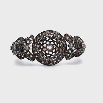 Vintage Hinged Bangle Bracelets, Rose Gold and Silver, Rough Diamonds, Scalloped Petals
