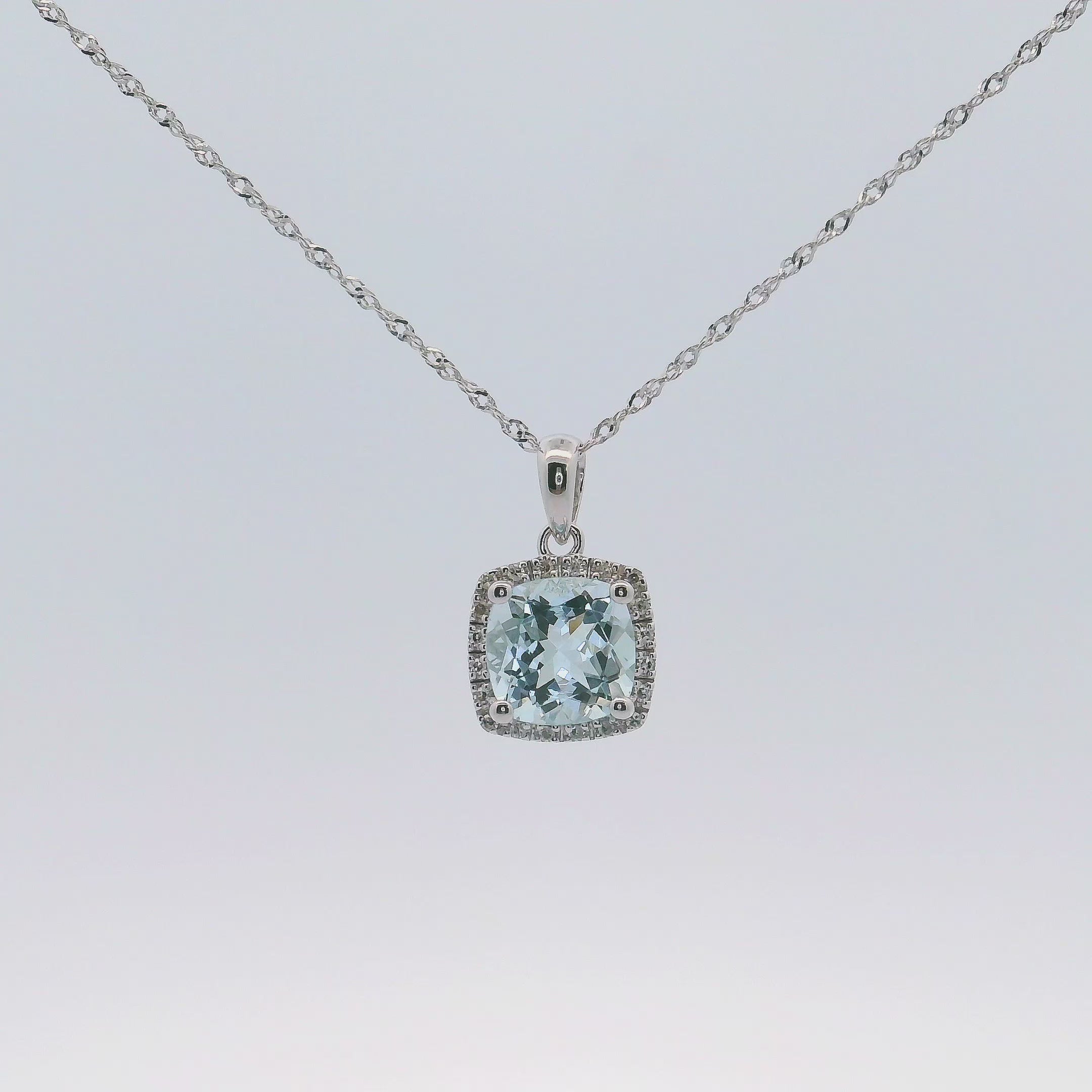 14K White Gold Aquamarine and Diamond Pendant Necklace