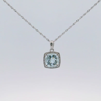 14K White Gold Aquamarine and Diamond Pendant Necklace