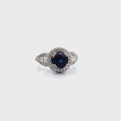 Vanna K 18K White Gold Halo Ring with Round Sapphire and Marquise Diamonds