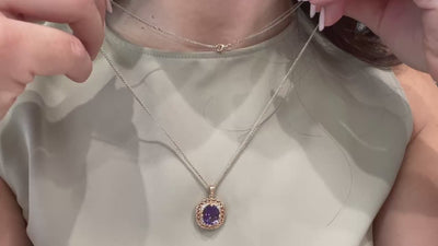 Oval Amethyst Double Chain Diamond Pendant Necklace in 14k Rose and White Gold