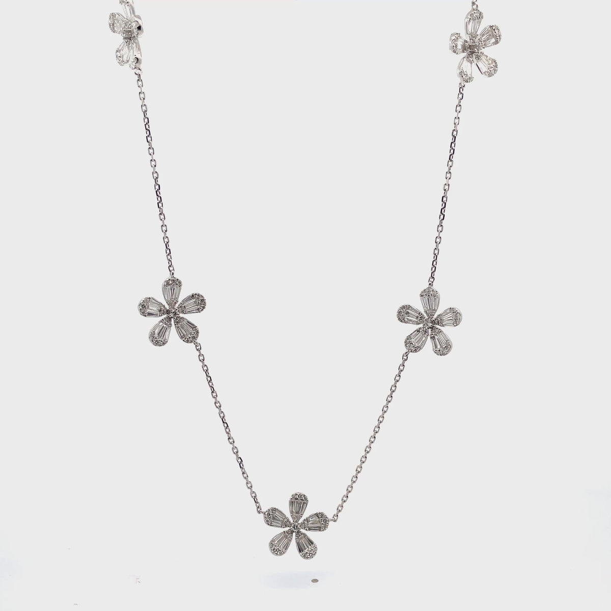 14K White Gold Necklace With 5 Flower Stations And Diamonds Totaling 3.17 Carats
