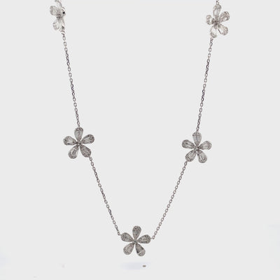 14K White Gold Necklace With 5 Flower Stations And Diamonds Totaling 3.17 Carats