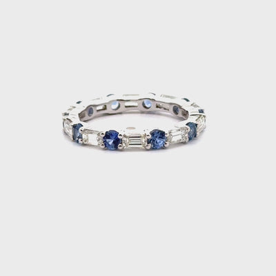 18K White Gold Eternity Band with Diamonds and Blue Sapphires- Size 6.25