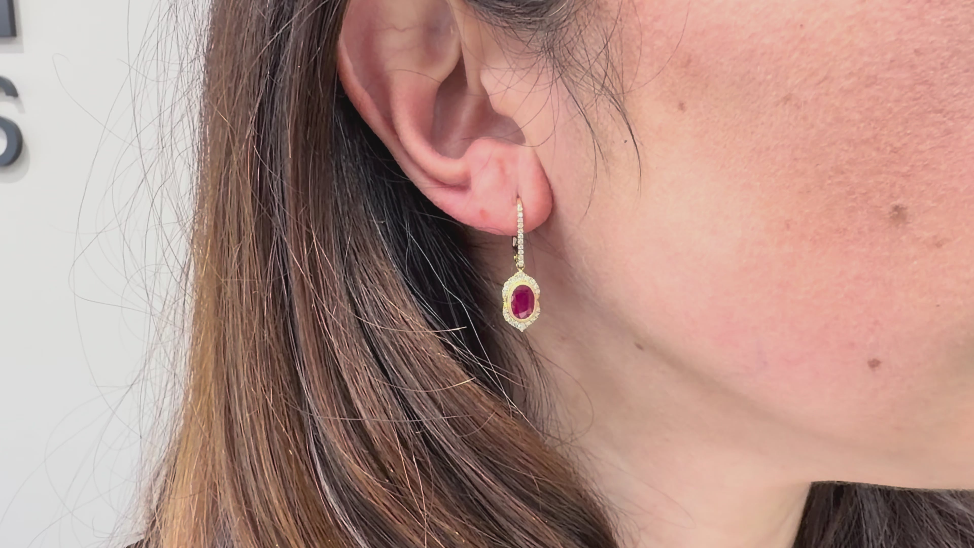 14K Yellow Gold Drop Earrings with Oval Shaped Rubies 2.06 Carats and Round Faceted Diamonds 0.30 Carats