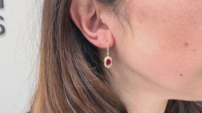 14K Yellow Gold Drop Earrings with Oval Shaped Rubies 2.06 Carats and Round Faceted Diamonds 0.30 Carats