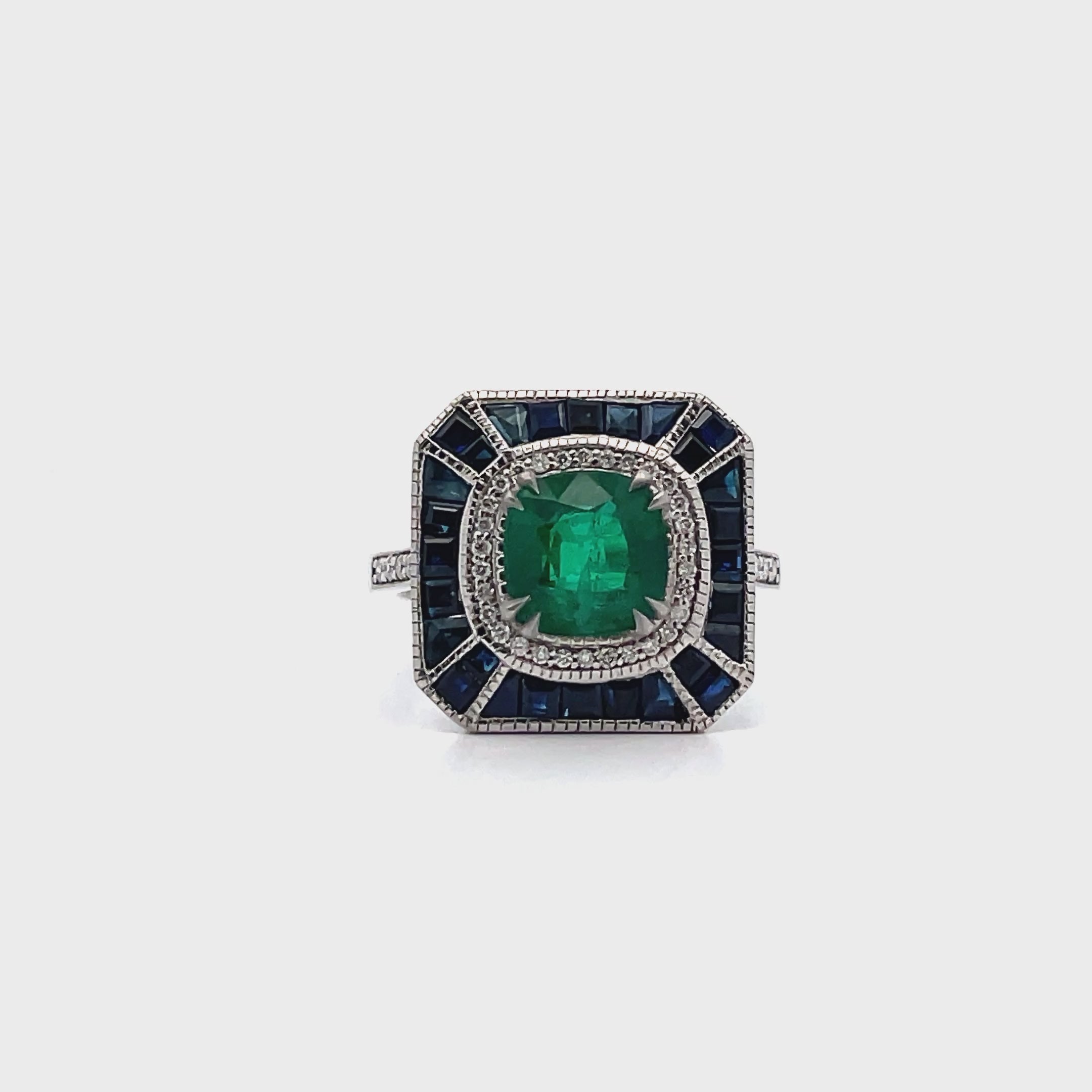 Load video: Cushion Cut Emerald 1.71 ct in 18K White Gold Art Deco Inspired Ring with Sapphires