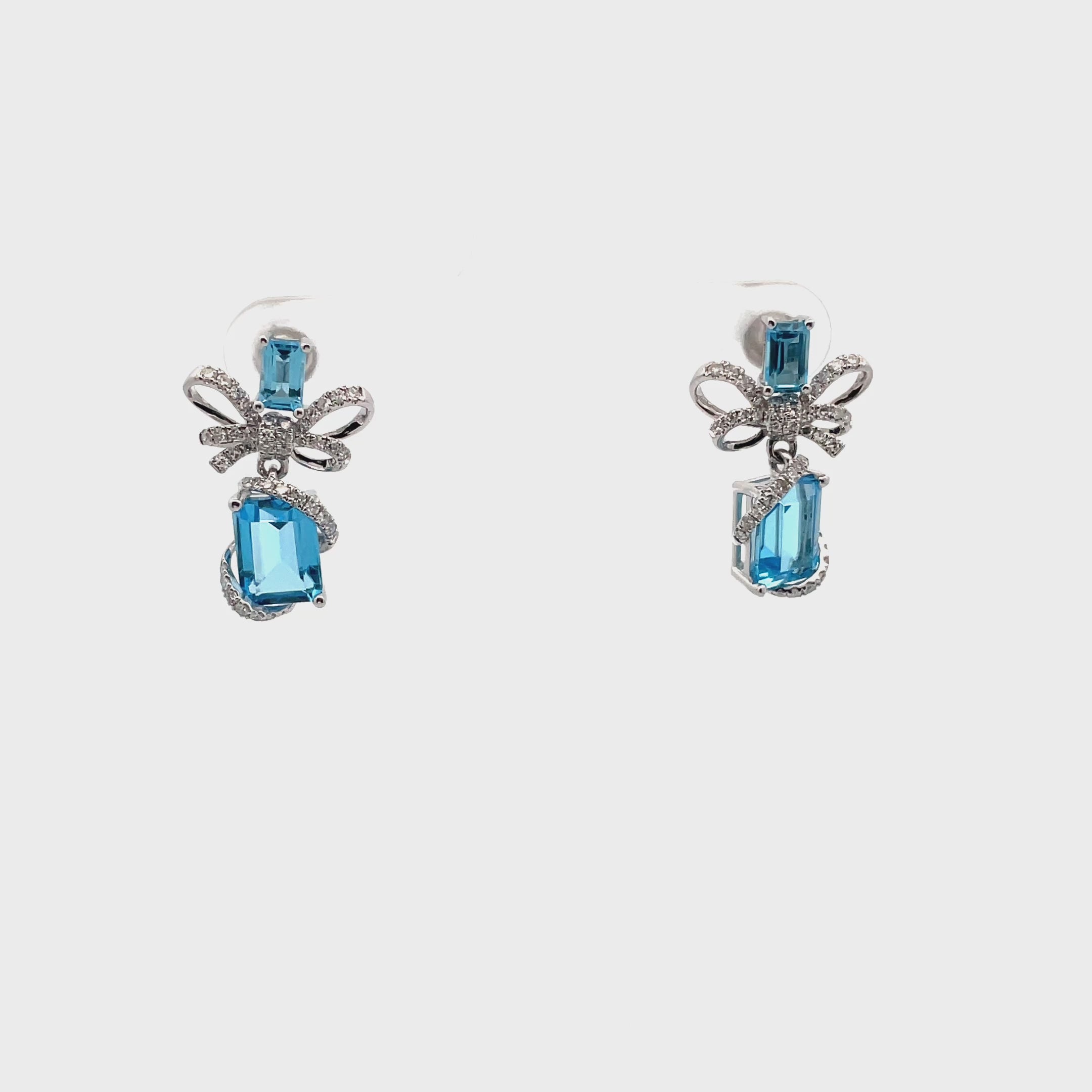 14K White Gold Bow Earrings with Blue Topaz and Diamonds