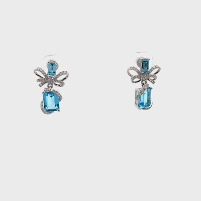 14K White Gold Bow Earrings with Blue Topaz and Diamonds