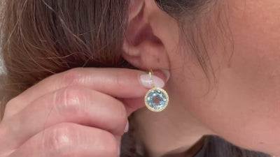 9.50 Carat Round Blue Topaz & Diamond Drop Lever Backed 14K Yellow Gold Earrings