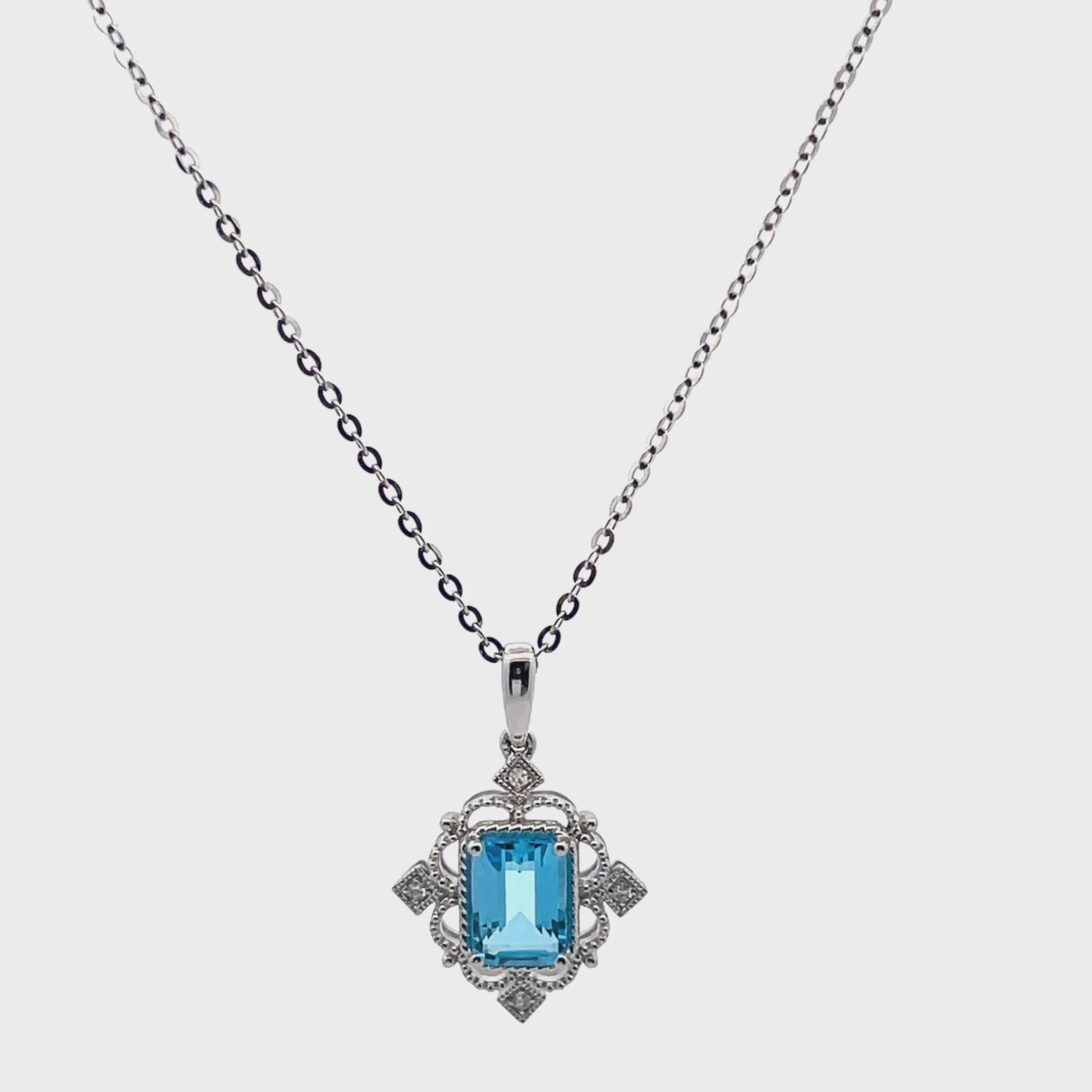 Indlæs video: 14K White Gold Vintage Inspired Necklace with Blue Topaz