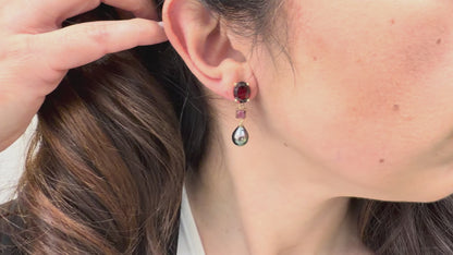 14K Yellow Gold Garnet, Pink Tourmaline and Black Pearl Earrings