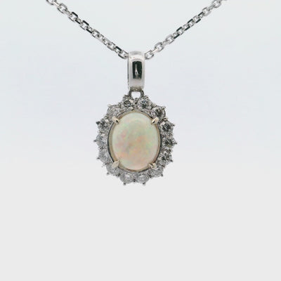 3.60 Ct Oval Opal & Diamond Pendant 14K White Gold Starburst Necklace