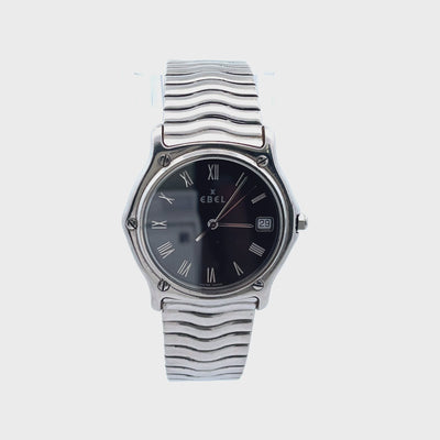 Vintage Stainless Steel Ebel Watch, Wave Design, 28mm with Black Dial, Roman Numeral Markings, Date Window