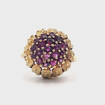 Ruby Cluster Ring in Elevated Cathedral Textured Setting in 14K Yellow Gold
