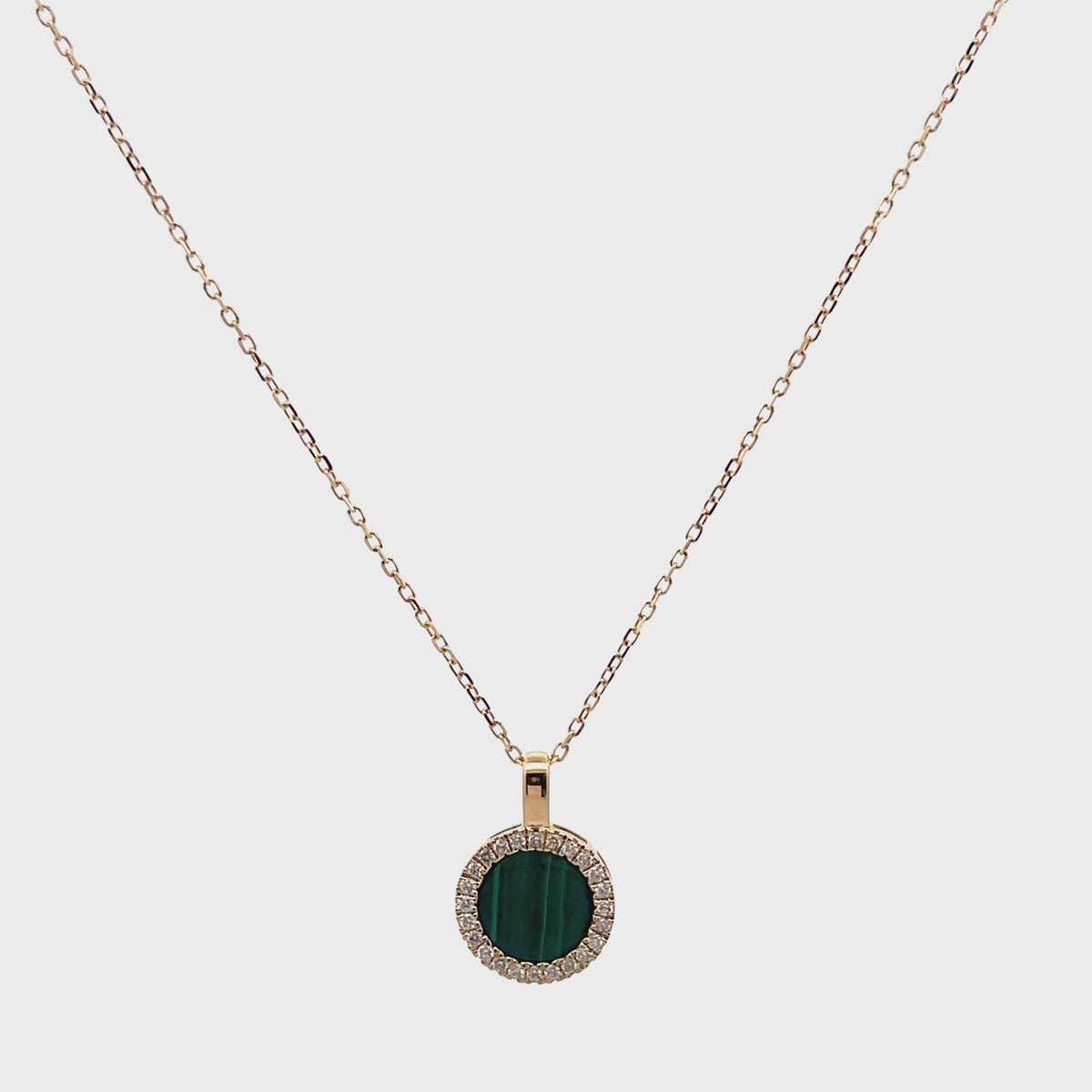 14K Yellow Gold Necklace With One Oval Malachite 1.93 Carats And Diamonds Totaling 0.12 Carats, Adjustable Length