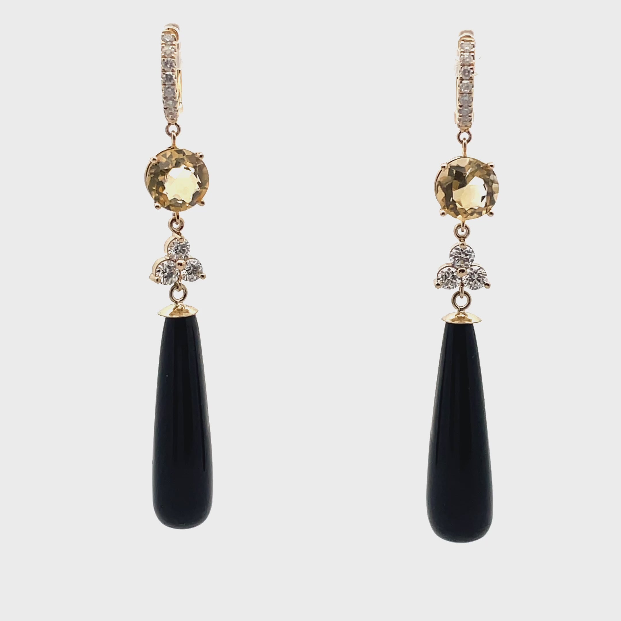 Load video: Pair of Diamond, Citrine &amp; Black Onyx Dangle Huggie Hoop Earrings