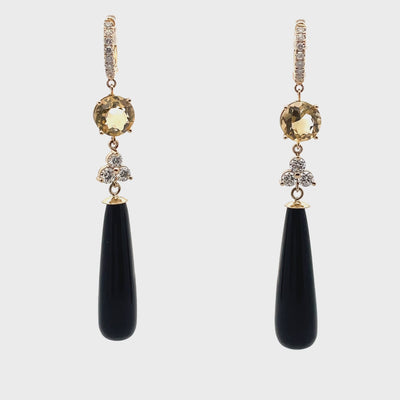 Pair of Diamond, Citrine & Black Onyx Dangle Huggie Hoop Earrings