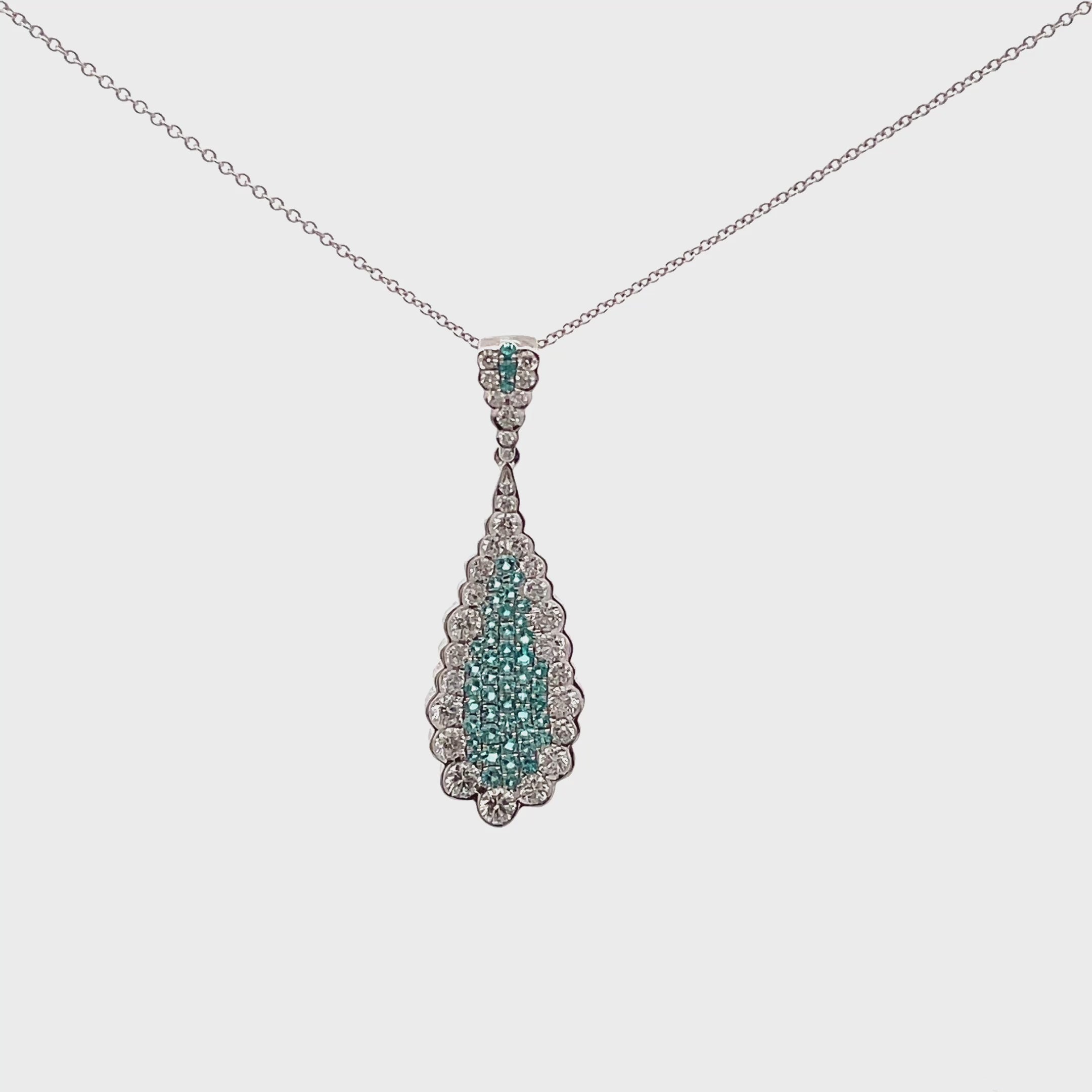 Load video: Simon G. LP4311-A 18K White Gold Paraiba Tourmaline and Diamond Pendant Necklace
