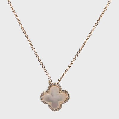 14K Yellow Gold Four Leaf 11.4mm Mother Of Pearl Pendant Necklace with Diamonds