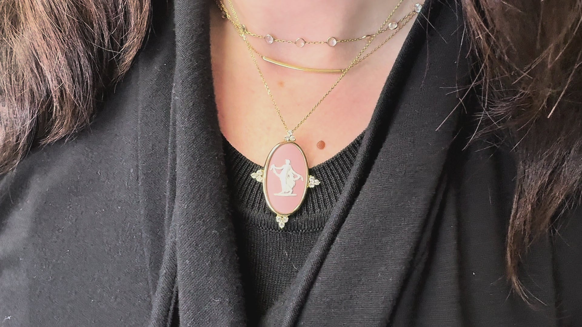 Cargar video: Dancing Hours Vintage Wedgwood Necklace in New 14K Yellow Gold Custom Bezel Setting with Diamonds, Rosé Pink