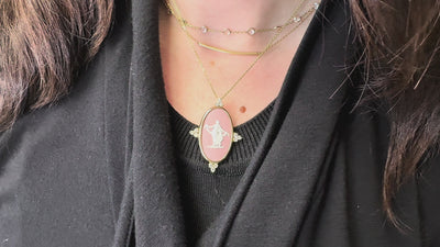 Dancing Hours Vintage Wedgwood Necklace in New 14K Yellow Gold Custom Bezel Setting with Diamonds, Rosé Pink