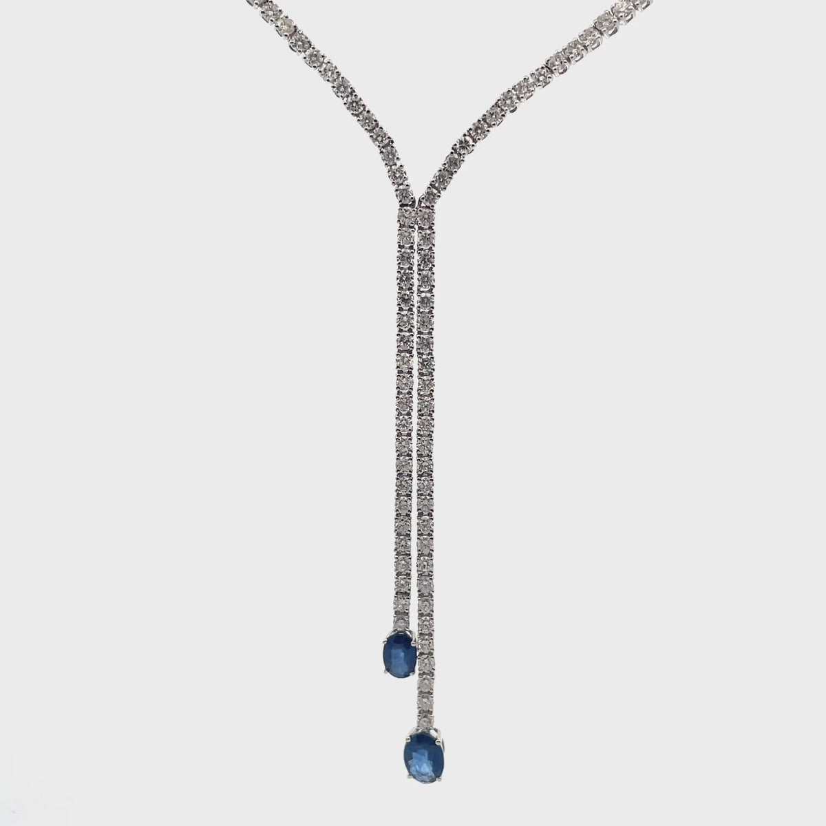 18K White Gold Lariat Diamond & Blue Sapphire Necklace
