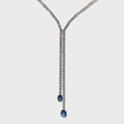 18K White Gold Lariat Diamond & Blue Sapphire Necklace