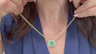 GIA Certified Colombian Emerald and Round Diamond Halo Pendant Necklace in 14K Yellow Gold