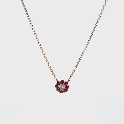 14K Yellow Gold Petite Flower Necklace with Rubies and Diamond