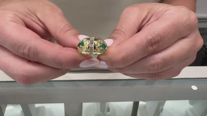 Vintage Pear Shaped Emerald Ring with Baguette & Round Diamonds Set in 18K Gold
