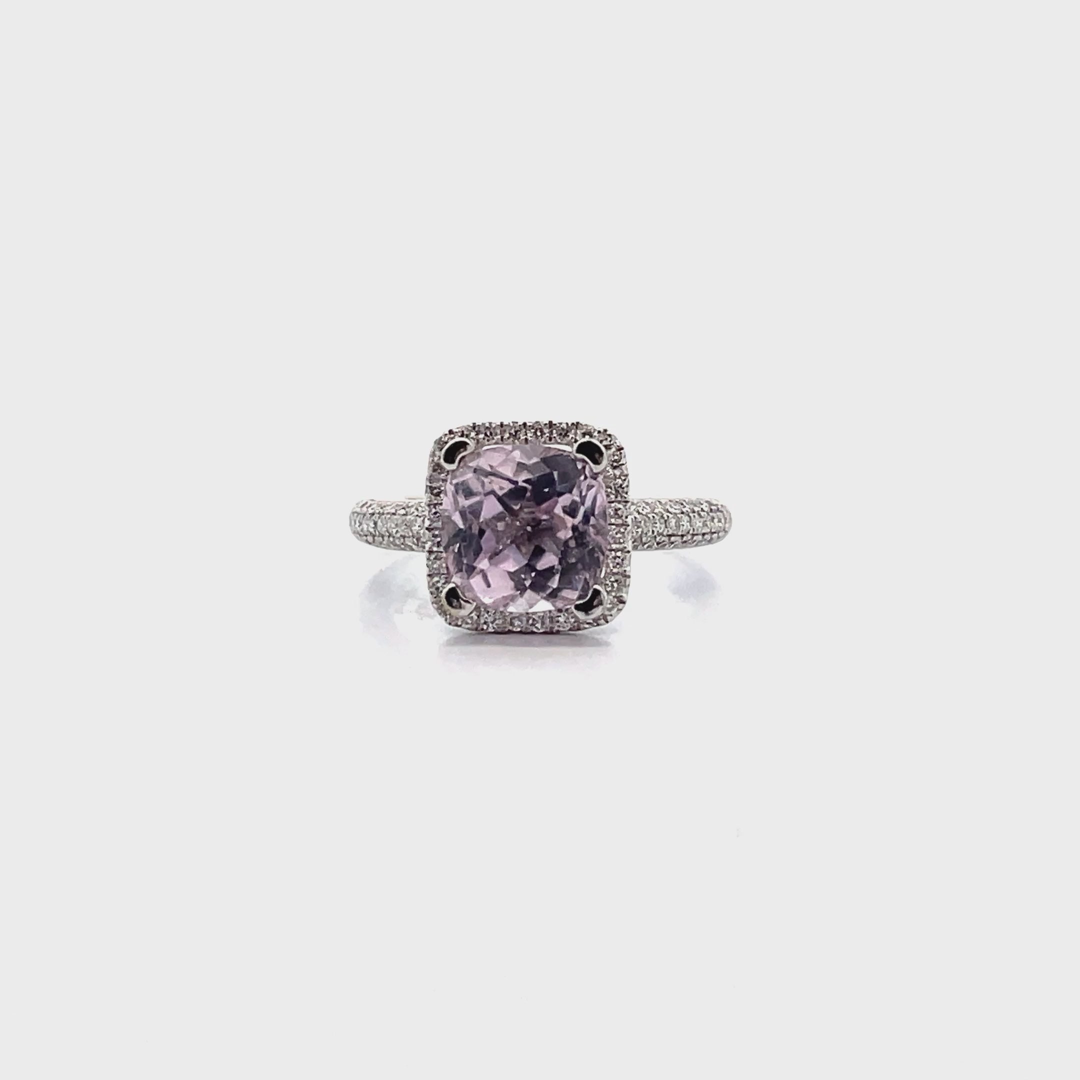 Load video: Vanna K 18K White Gold Diamond Halo Ring with Center Cushion Shaped Kunzite