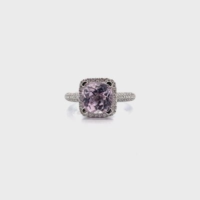 Vanna K 18K White Gold Diamond Halo Ring with Center Cushion Shaped Kunzite